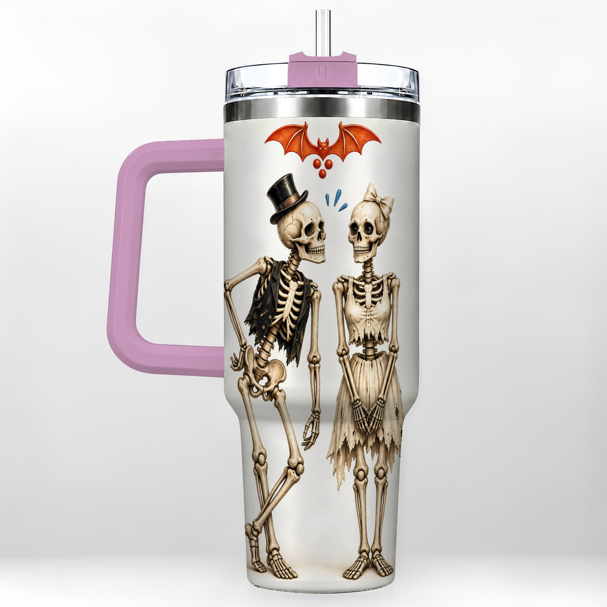 #pl[40oz|Pink] Skeleton Couple 40oz Tumbler with Handle, Gothic Stainless Steel Travel Cup