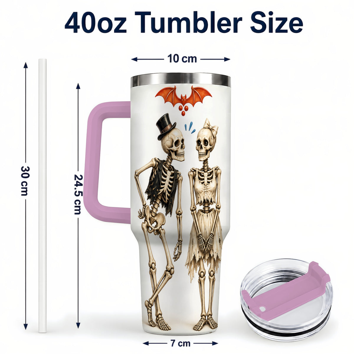 #pl[40oz|Pink] Skeleton Couple 40oz Tumbler with Handle, Gothic Stainless Steel Travel Cup