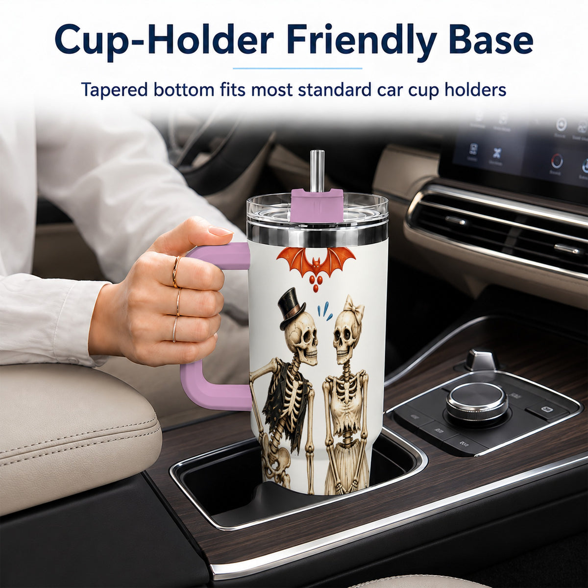 #pl[40oz|Pink] Skeleton Couple 40oz Tumbler with Handle, Gothic Stainless Steel Travel Cup