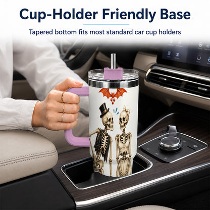 #pl[40oz|Pink] Skeleton Couple 40oz Tumbler with Handle, Gothic Stainless Steel Travel Cup
