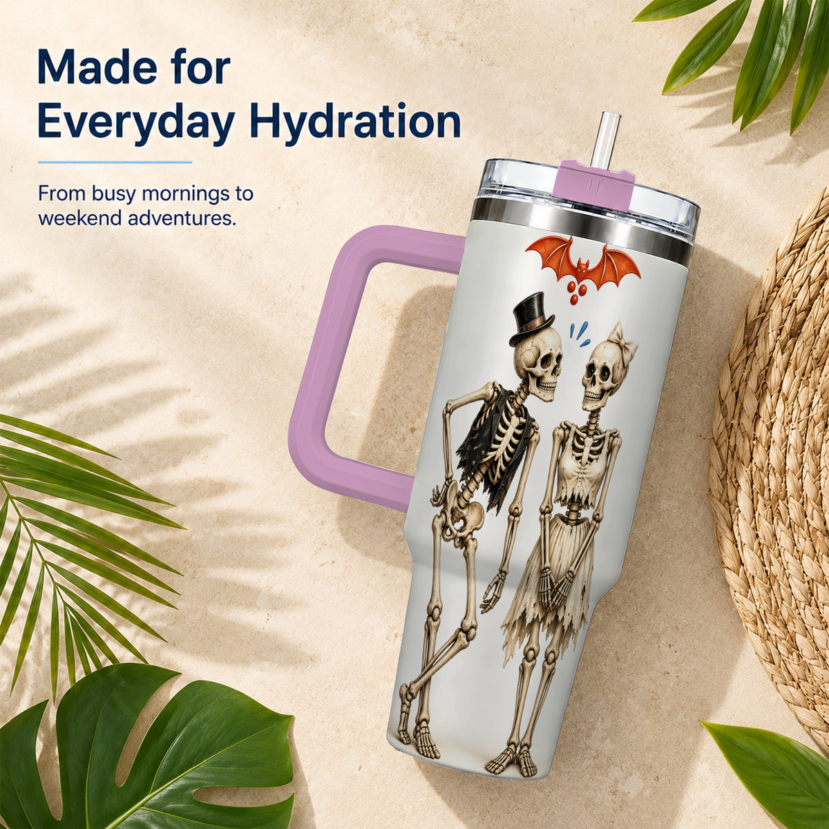 #pl[40oz|Pink] Skeleton Couple 40oz Tumbler with Handle, Gothic Stainless Steel Travel Cup