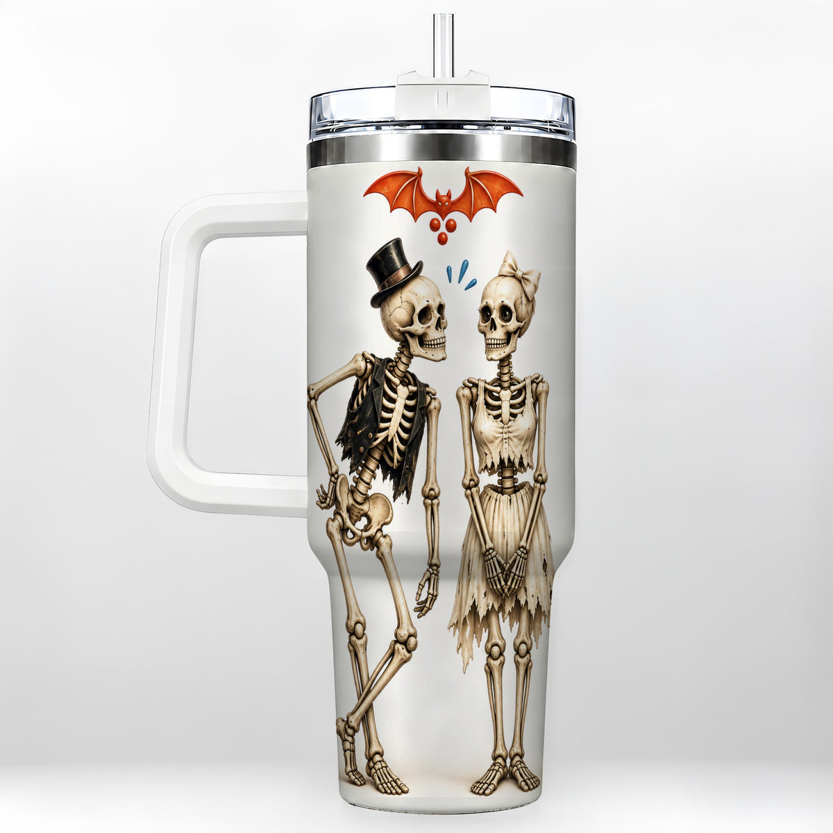 Skeleton Couple 40oz Tumbler with Handle, Gothic Stainless Steel Travel Cup