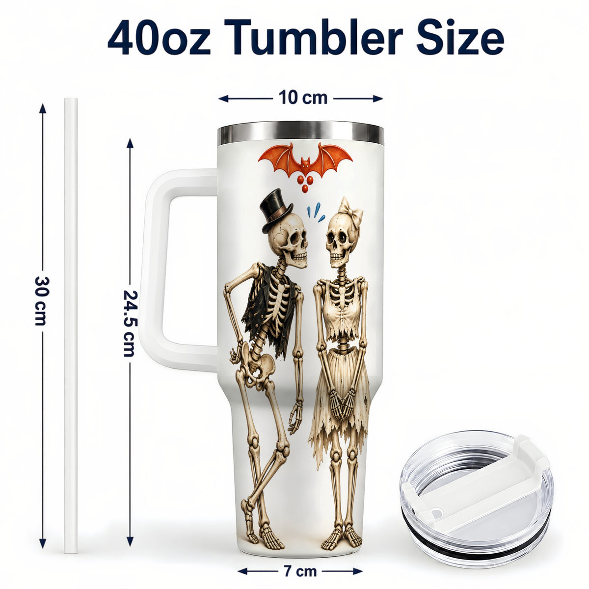#pl[40oz|White] Skeleton Couple 40oz Tumbler with Handle, Gothic Stainless Steel Travel Cup