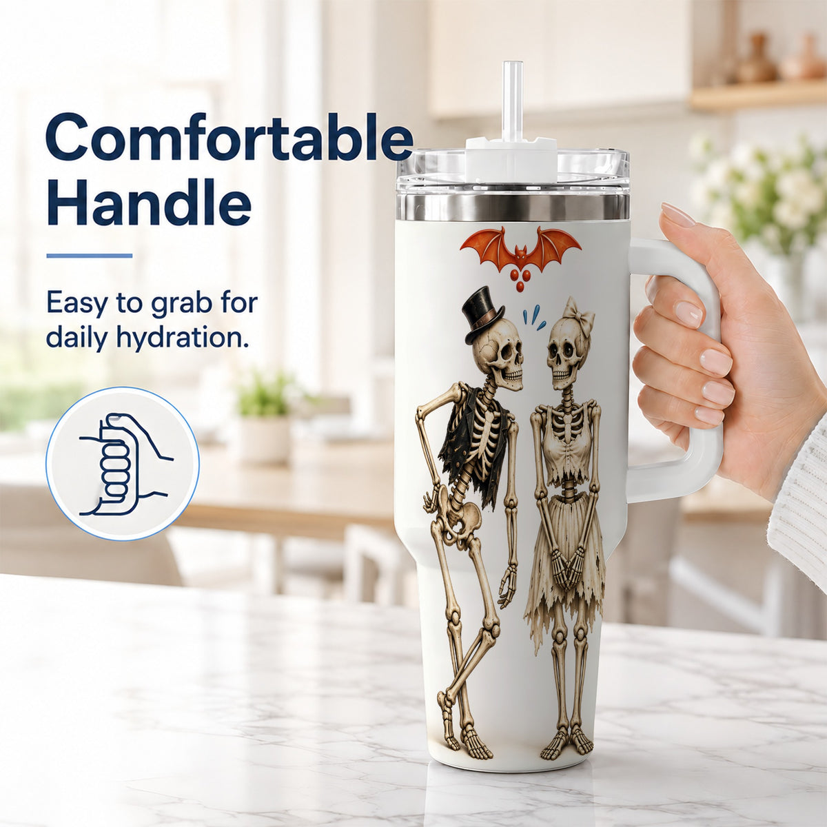 #pl[40oz|White] Skeleton Couple 40oz Tumbler with Handle, Gothic Stainless Steel Travel Cup