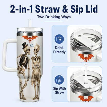 #pl[40oz|White] Skeleton Couple 40oz Tumbler with Handle, Gothic Stainless Steel Travel Cup