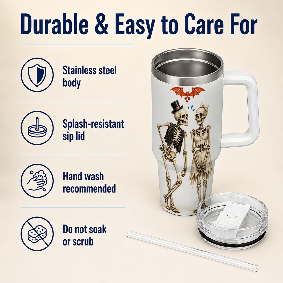 #pl[40oz|White] Skeleton Couple 40oz Tumbler with Handle, Gothic Stainless Steel Travel Cup