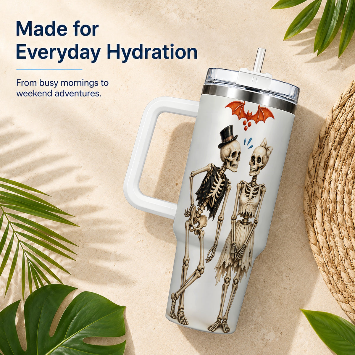 #pl[40oz|White] Skeleton Couple 40oz Tumbler with Handle, Gothic Stainless Steel Travel Cup