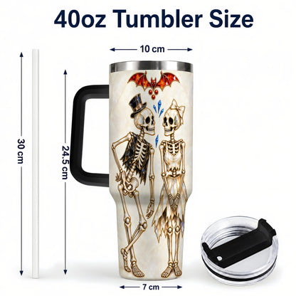 #pl[40oz|Black] Crystal Skeleton Couple 40oz Tumbler with Handle, Gothic Steel Travel Cup
