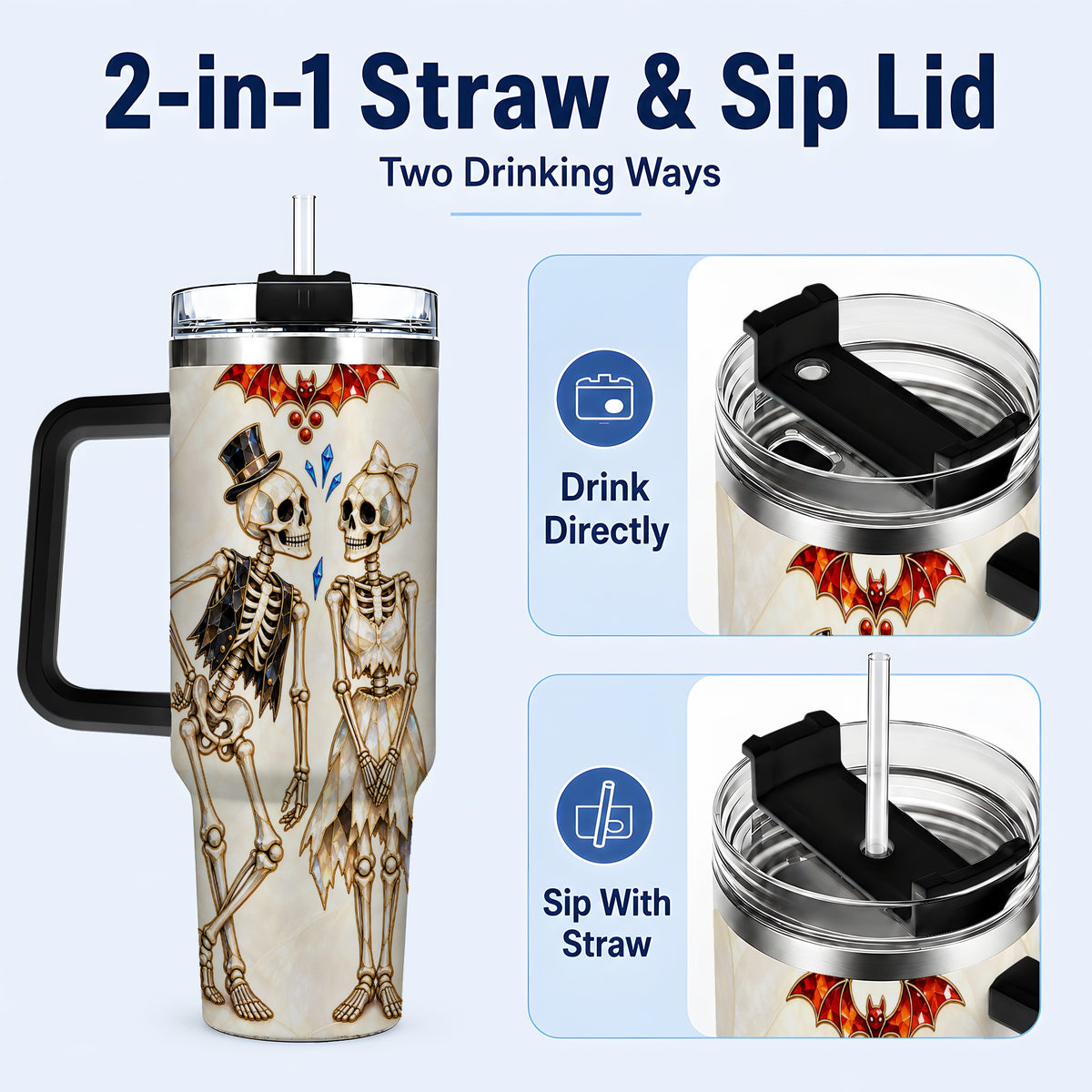 #pl[40oz|Black] Crystal Skeleton Couple 40oz Tumbler with Handle, Gothic Steel Travel Cup