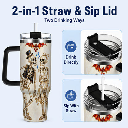 #pl[40oz|Black] Crystal Skeleton Couple 40oz Tumbler with Handle, Gothic Steel Travel Cup