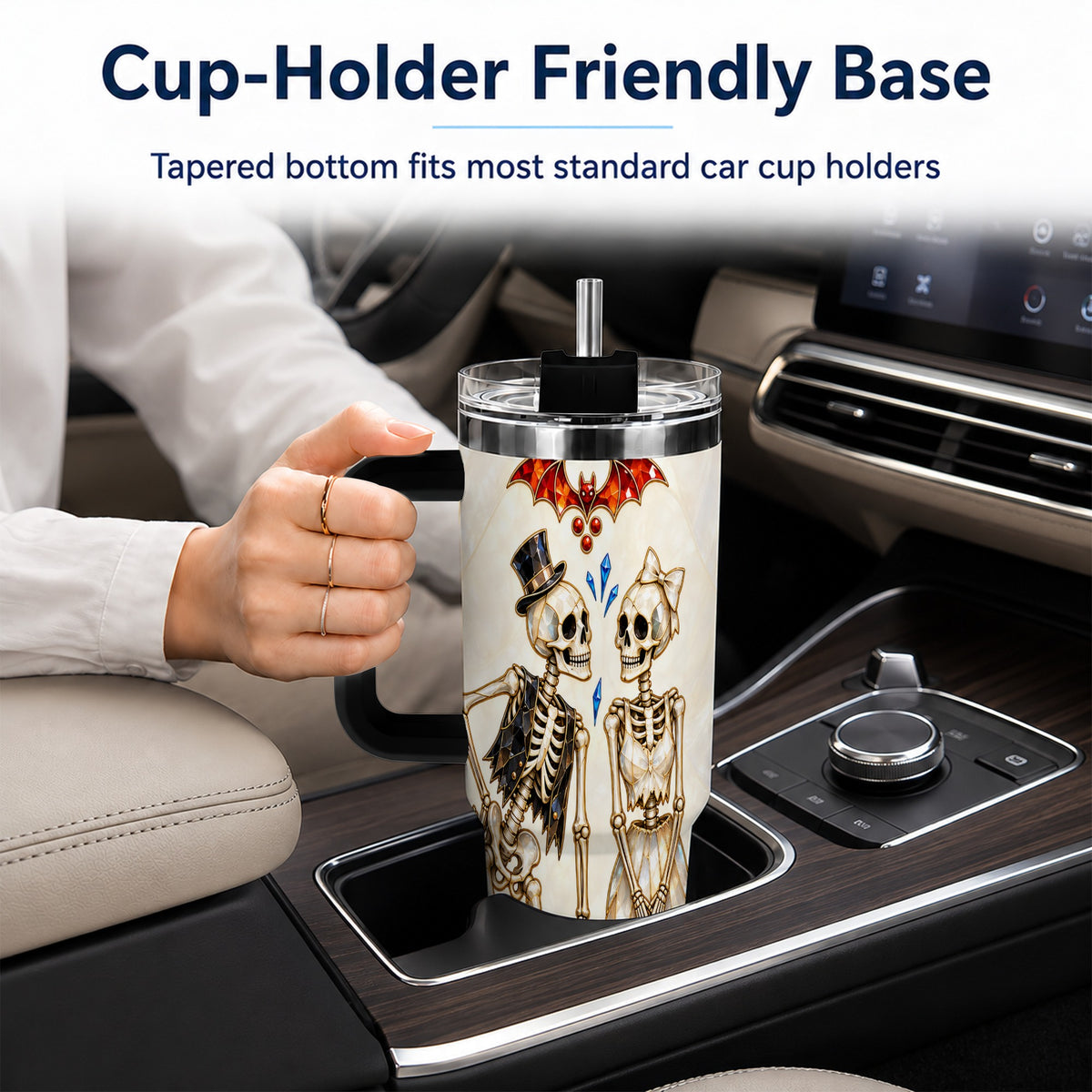 #pl[40oz|Black] Crystal Skeleton Couple 40oz Tumbler with Handle, Gothic Steel Travel Cup