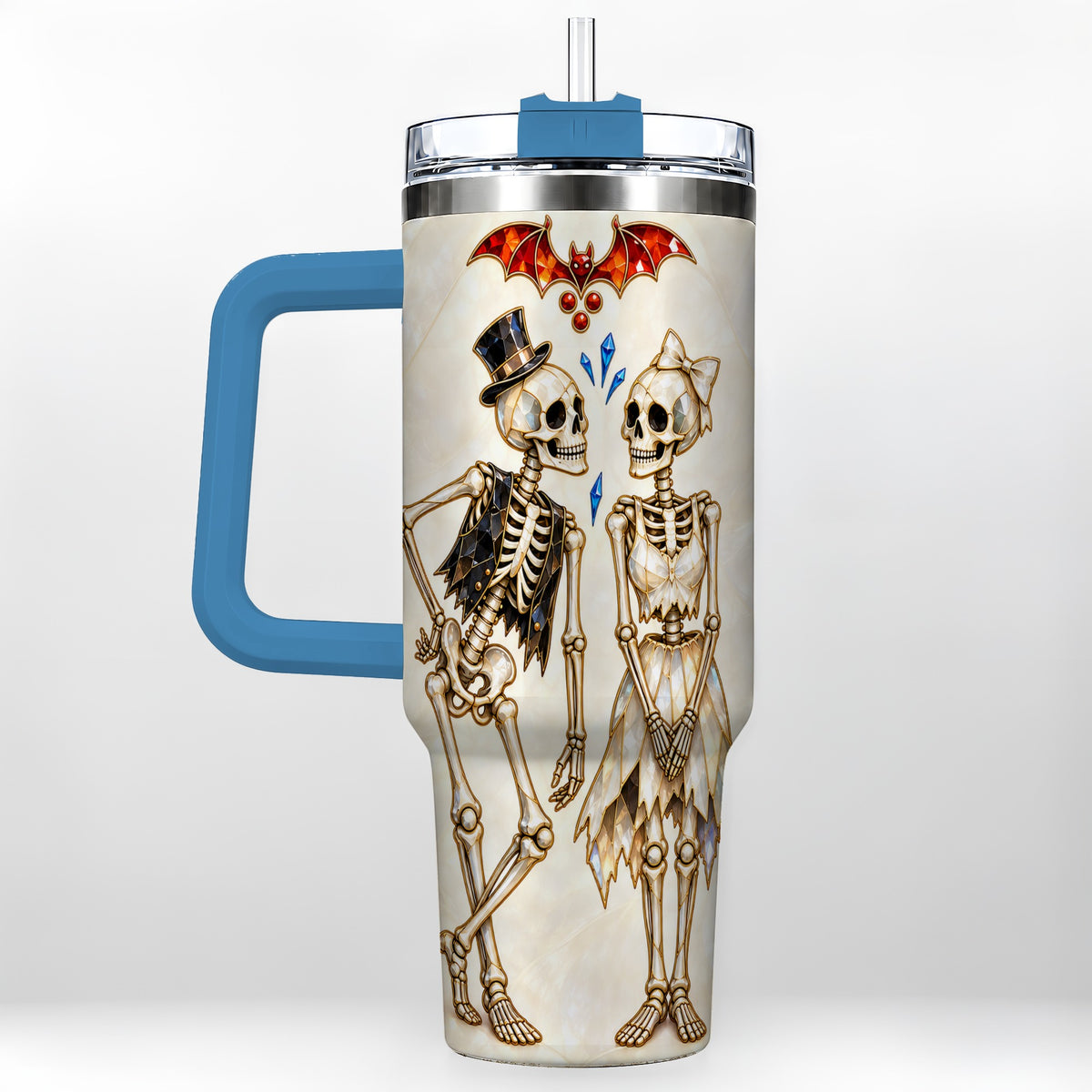 #pl[40oz|Blue] Crystal Skeleton Couple 40oz Tumbler with Handle, Gothic Steel Travel Cup