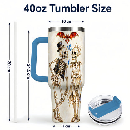 #pl[40oz|Blue] Crystal Skeleton Couple 40oz Tumbler with Handle, Gothic Steel Travel Cup