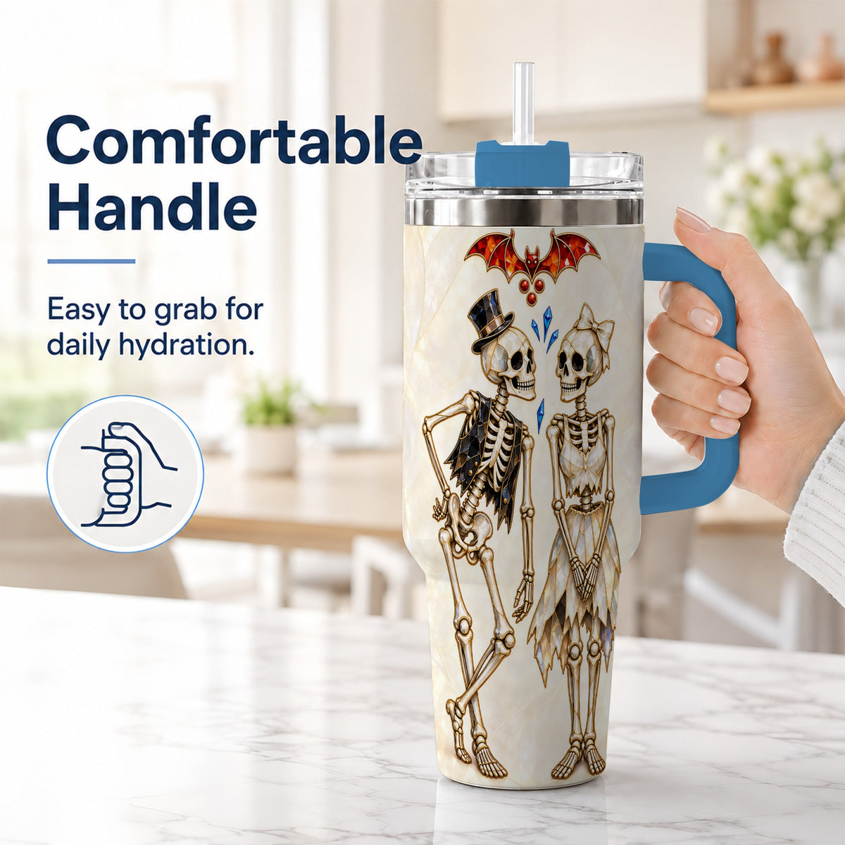 #pl[40oz|Blue] Crystal Skeleton Couple 40oz Tumbler with Handle, Gothic Steel Travel Cup