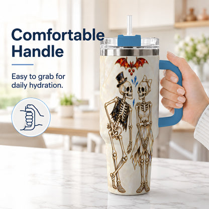 #pl[40oz|Blue] Crystal Skeleton Couple 40oz Tumbler with Handle, Gothic Steel Travel Cup