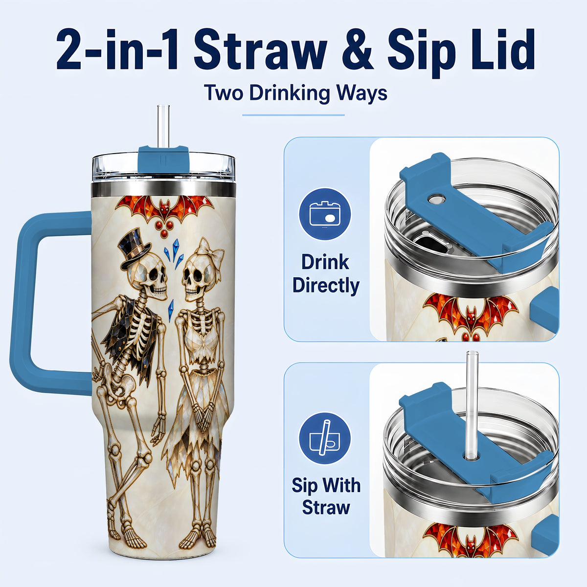 #pl[40oz|Blue] Crystal Skeleton Couple 40oz Tumbler with Handle, Gothic Steel Travel Cup