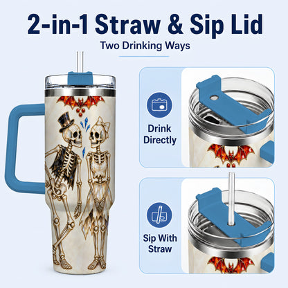 #pl[40oz|Blue] Crystal Skeleton Couple 40oz Tumbler with Handle, Gothic Steel Travel Cup