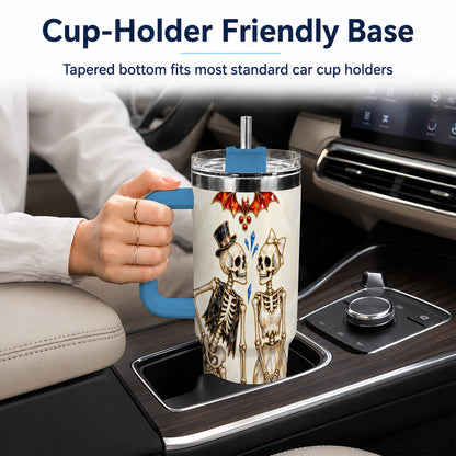 #pl[40oz|Blue] Crystal Skeleton Couple 40oz Tumbler with Handle, Gothic Steel Travel Cup