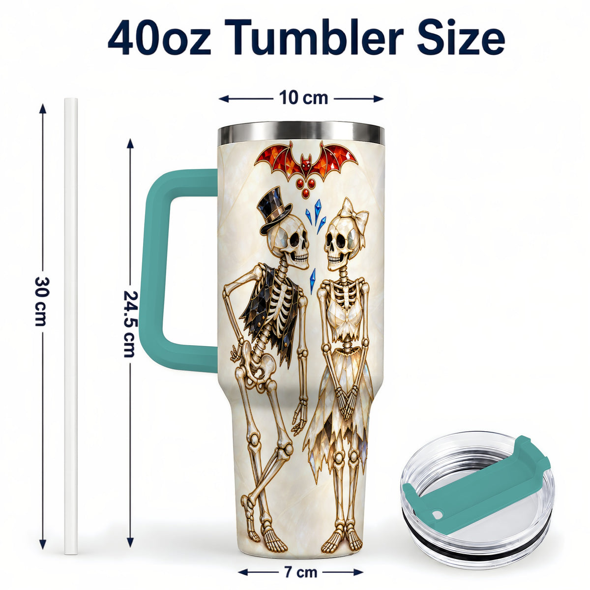 #pl[40oz|Green] Crystal Skeleton Couple 40oz Tumbler with Handle, Gothic Steel Travel Cup
