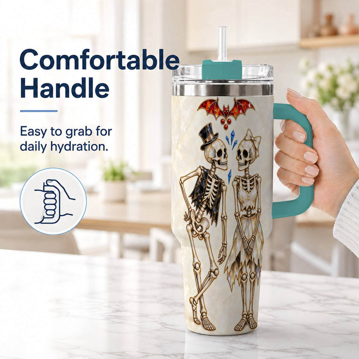 #pl[40oz|Green] Crystal Skeleton Couple 40oz Tumbler with Handle, Gothic Steel Travel Cup