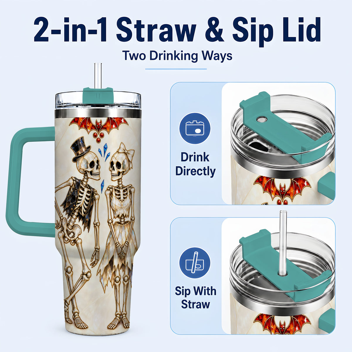 #pl[40oz|Green] Crystal Skeleton Couple 40oz Tumbler with Handle, Gothic Steel Travel Cup