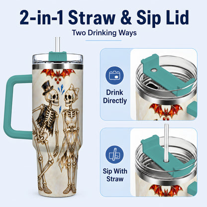 #pl[40oz|Green] Crystal Skeleton Couple 40oz Tumbler with Handle, Gothic Steel Travel Cup