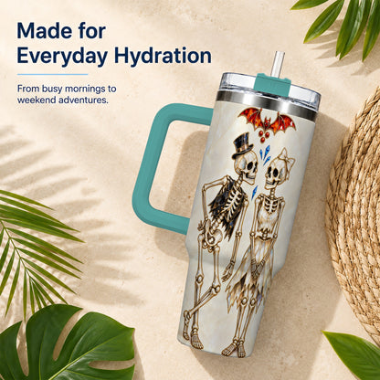 #pl[40oz|Green] Crystal Skeleton Couple 40oz Tumbler with Handle, Gothic Steel Travel Cup