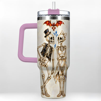 #pl[40oz|Pink] Crystal Skeleton Couple 40oz Tumbler with Handle, Gothic Steel Travel Cup
