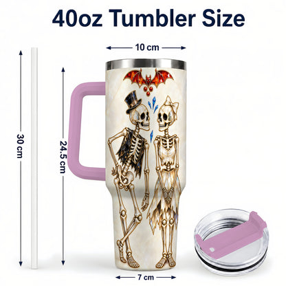 #pl[40oz|Pink] Crystal Skeleton Couple 40oz Tumbler with Handle, Gothic Steel Travel Cup
