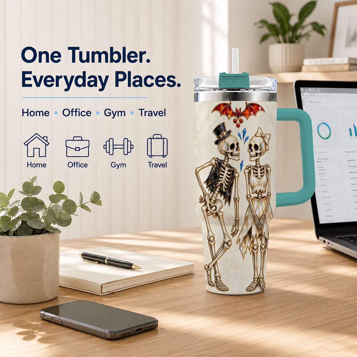 #pl[40oz|Green] Crystal Skeleton Couple 40oz Tumbler with Handle, Gothic Steel Travel Cup