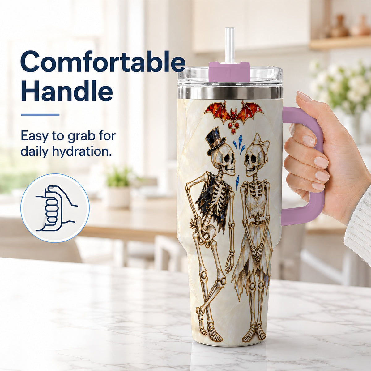 #pl[40oz|Pink] Crystal Skeleton Couple 40oz Tumbler with Handle, Gothic Steel Travel Cup