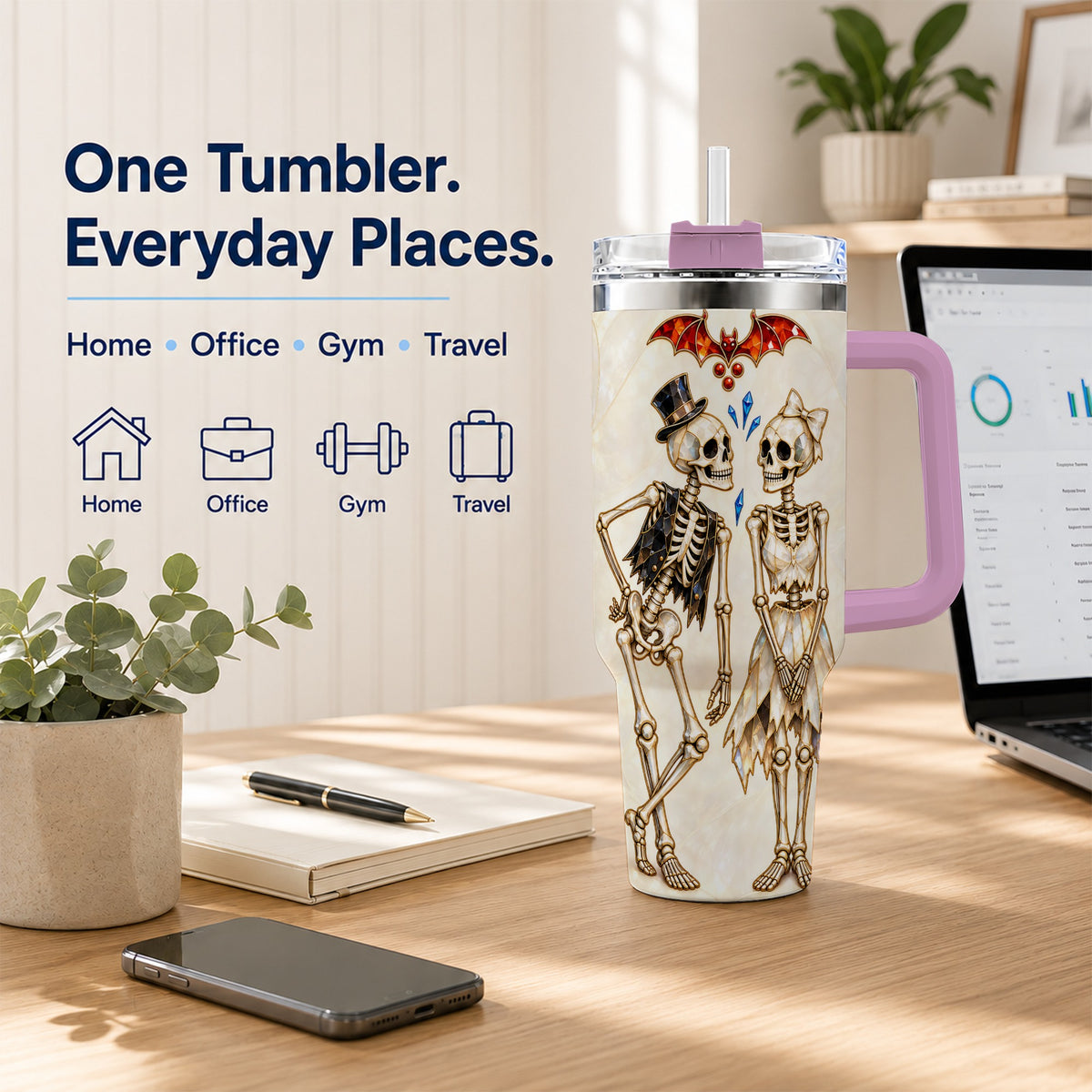 #pl[40oz|Pink] Crystal Skeleton Couple 40oz Tumbler with Handle, Gothic Steel Travel Cup