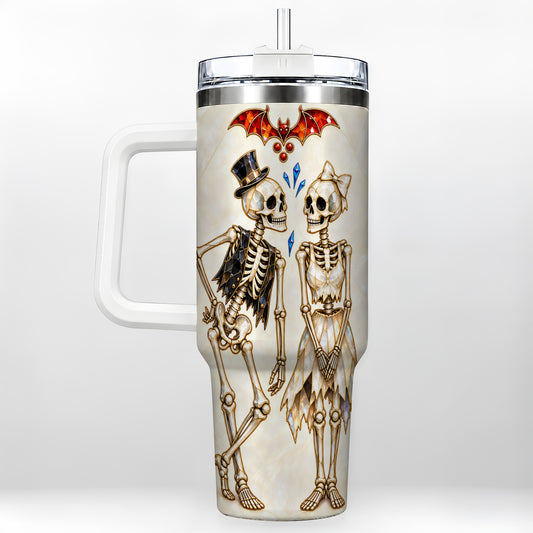 Crystal Skeleton Couple 40oz Tumbler with Handle, Gothic Steel Travel Cup