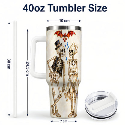 #pl[40oz|White] Crystal Skeleton Couple 40oz Tumbler with Handle, Gothic Steel Travel Cup