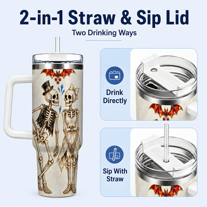 #pl[40oz|White] Crystal Skeleton Couple 40oz Tumbler with Handle, Gothic Steel Travel Cup