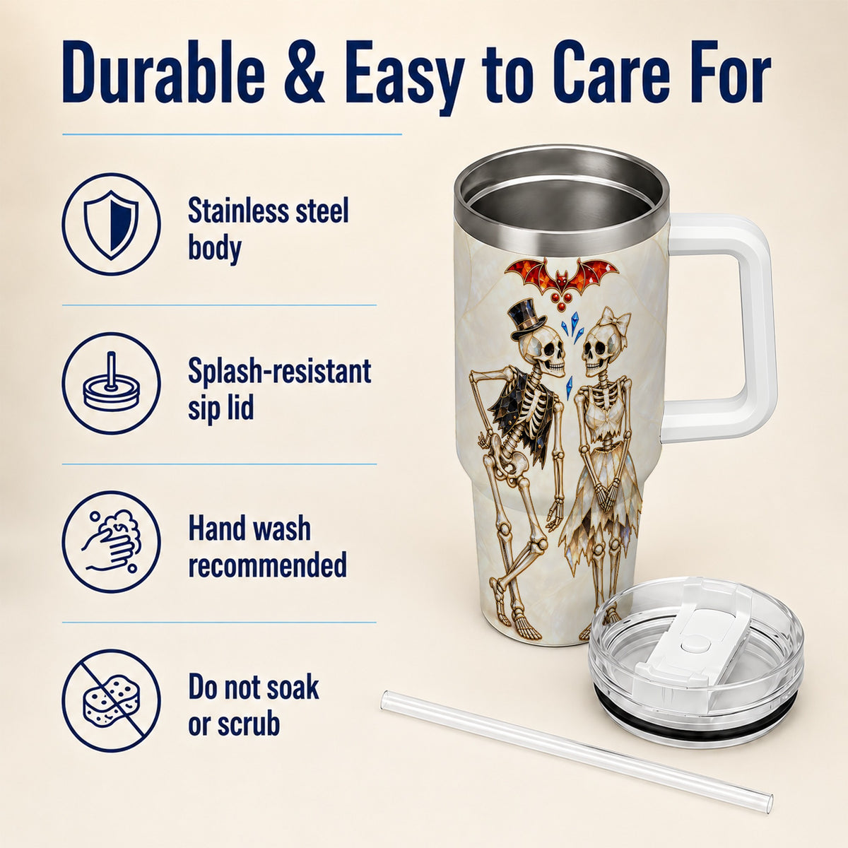 #pl[40oz|White] Crystal Skeleton Couple 40oz Tumbler with Handle, Gothic Steel Travel Cup