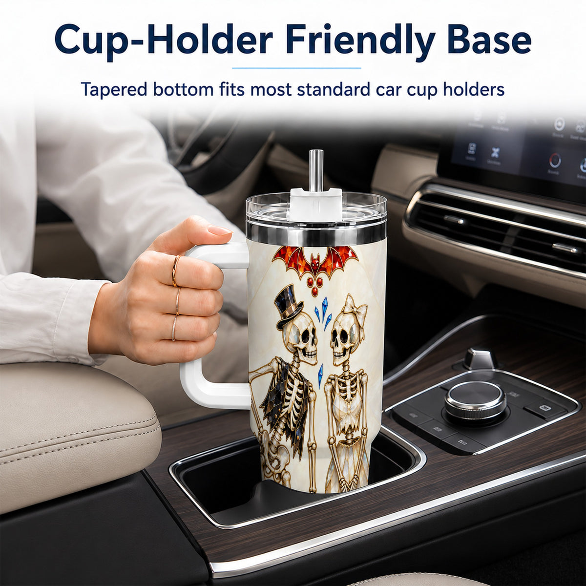 #pl[40oz|White] Crystal Skeleton Couple 40oz Tumbler with Handle, Gothic Steel Travel Cup