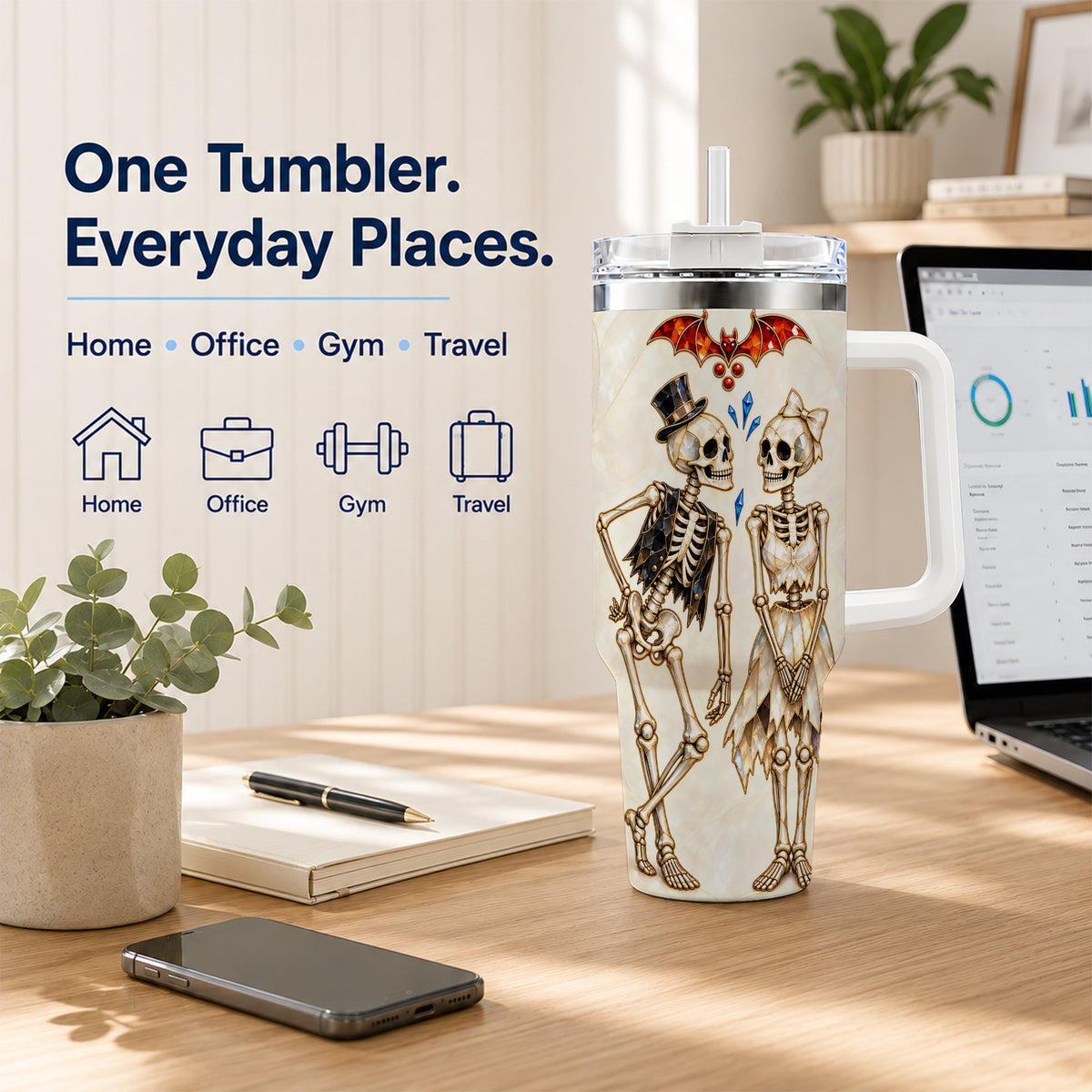 #pl[40oz|White] Crystal Skeleton Couple 40oz Tumbler with Handle, Gothic Steel Travel Cup