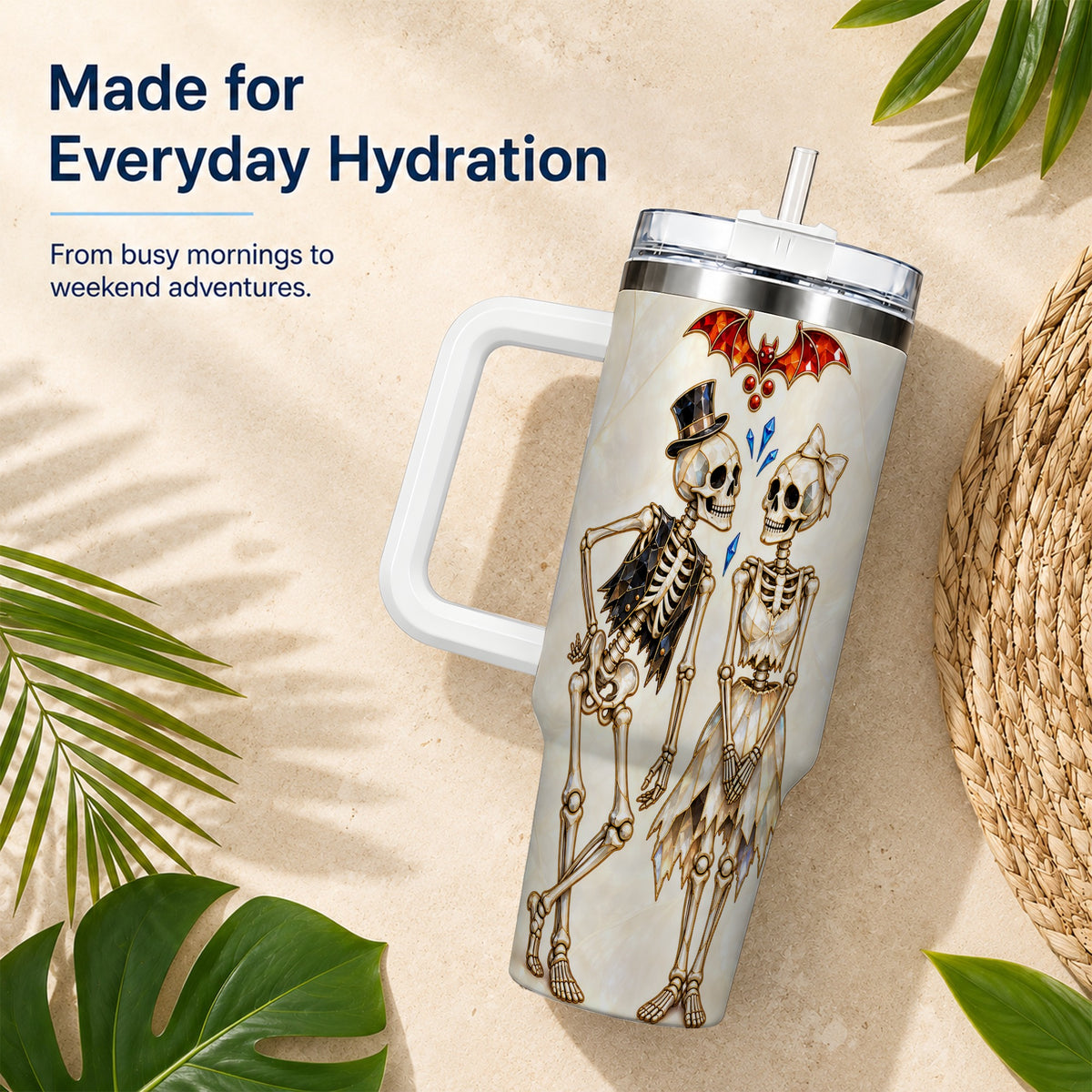 #pl[40oz|White] Crystal Skeleton Couple 40oz Tumbler with Handle, Gothic Steel Travel Cup