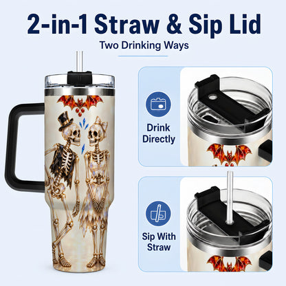 #pl[40oz|Black] Glowing Skeleton Couple 40oz Tumbler with Handle, Gothic Steel Travel Cup