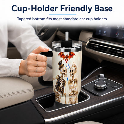 #pl[40oz|Black] Glowing Skeleton Couple 40oz Tumbler with Handle, Gothic Steel Travel Cup