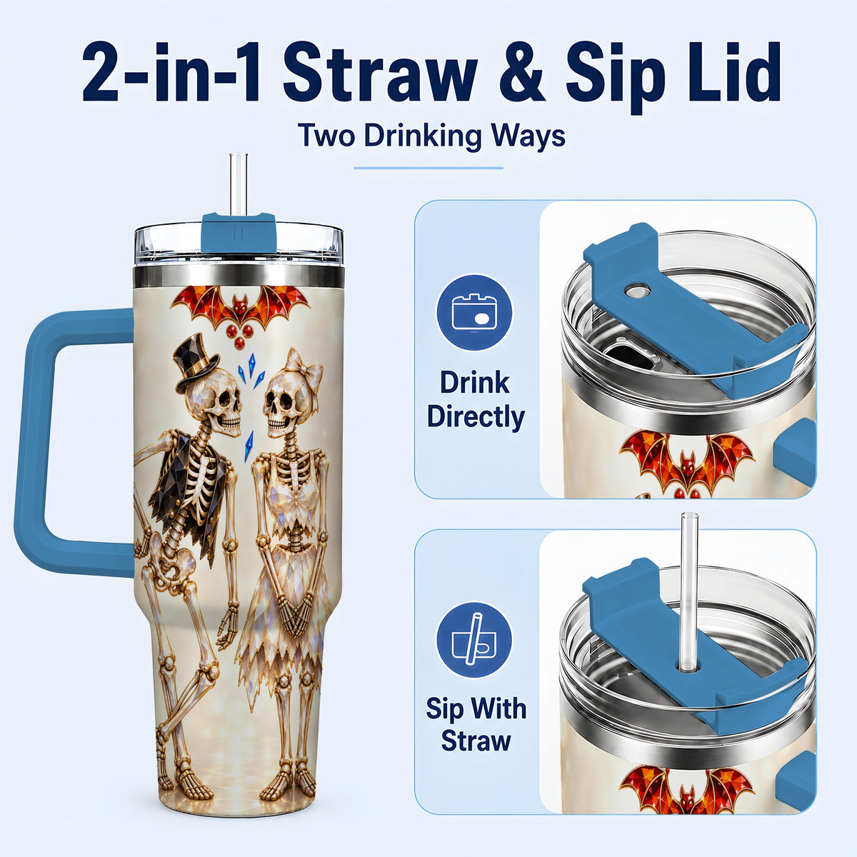 #pl[40oz|Blue] Glowing Skeleton Couple 40oz Tumbler with Handle, Gothic Steel Travel Cup