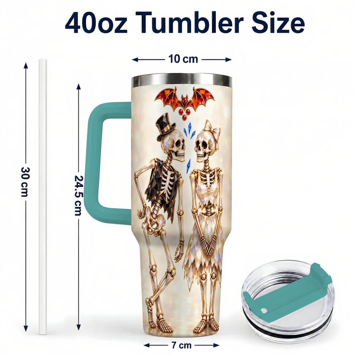 #pl[40oz|Green] Glowing Skeleton Couple 40oz Tumbler with Handle, Gothic Steel Travel Cup