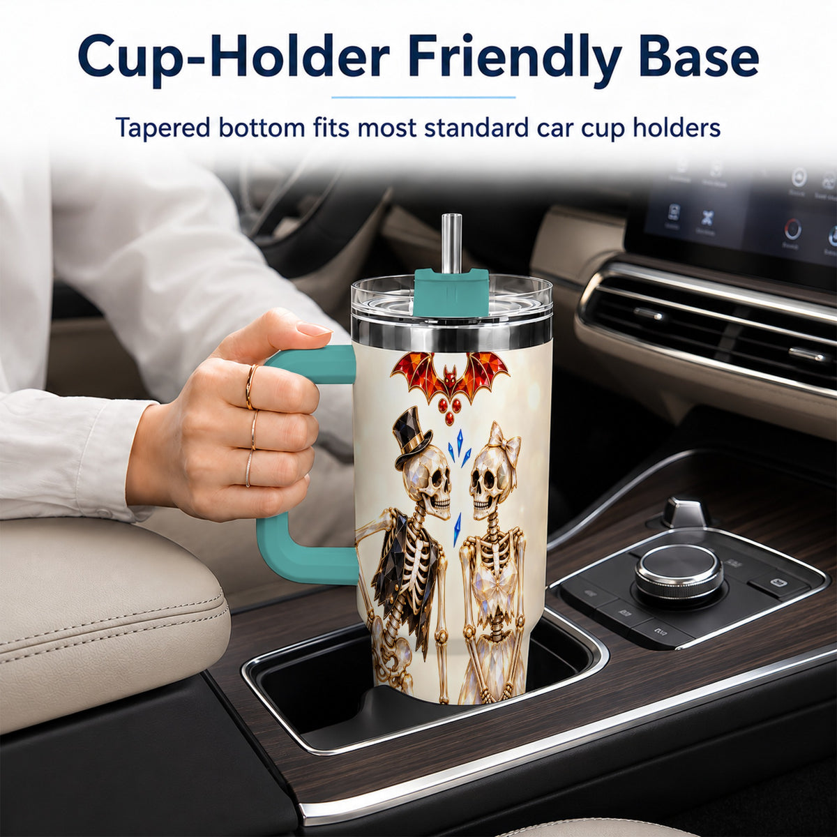#pl[40oz|Green] Glowing Skeleton Couple 40oz Tumbler with Handle, Gothic Steel Travel Cup