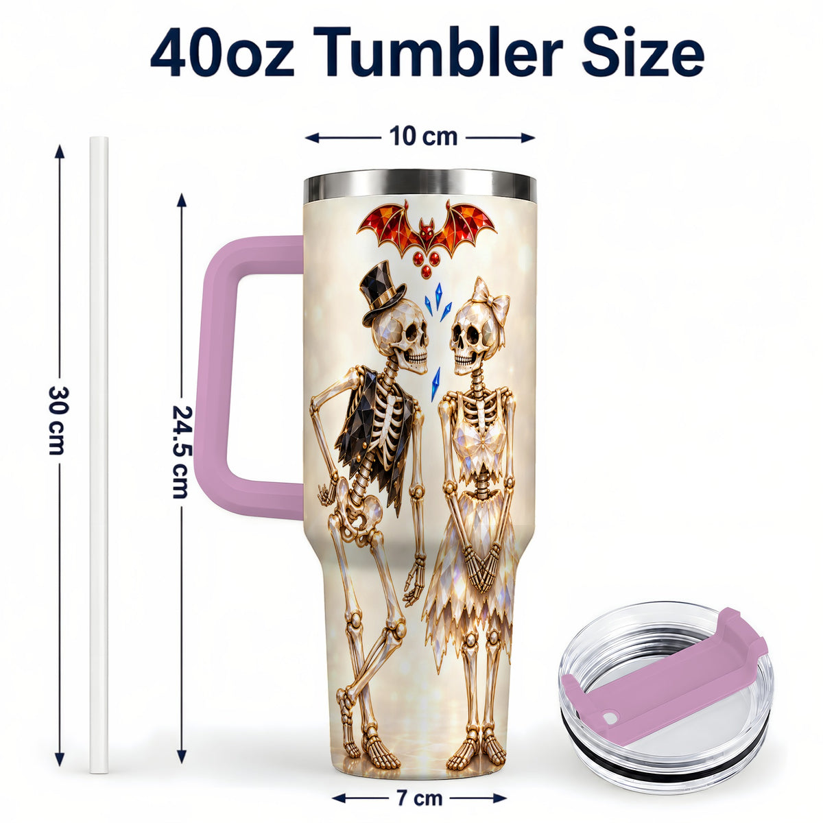 #pl[40oz|Pink] Glowing Skeleton Couple 40oz Tumbler with Handle, Gothic Steel Travel Cup