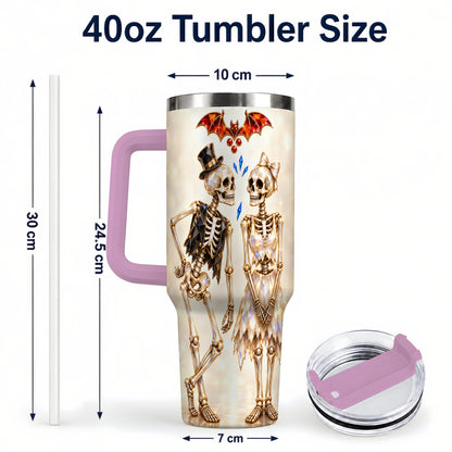 #pl[40oz|Pink] Glowing Skeleton Couple 40oz Tumbler with Handle, Gothic Steel Travel Cup