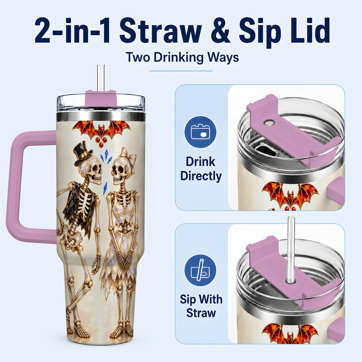 #pl[40oz|Pink] Glowing Skeleton Couple 40oz Tumbler with Handle, Gothic Steel Travel Cup