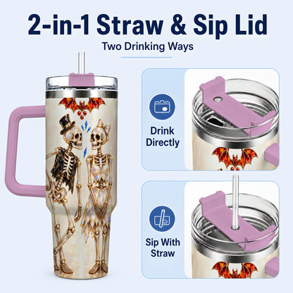 #pl[40oz|Pink] Glowing Skeleton Couple 40oz Tumbler with Handle, Gothic Steel Travel Cup