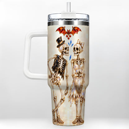 Glowing Skeleton Couple 40oz Tumbler with Handle, Gothic Steel Travel Cup