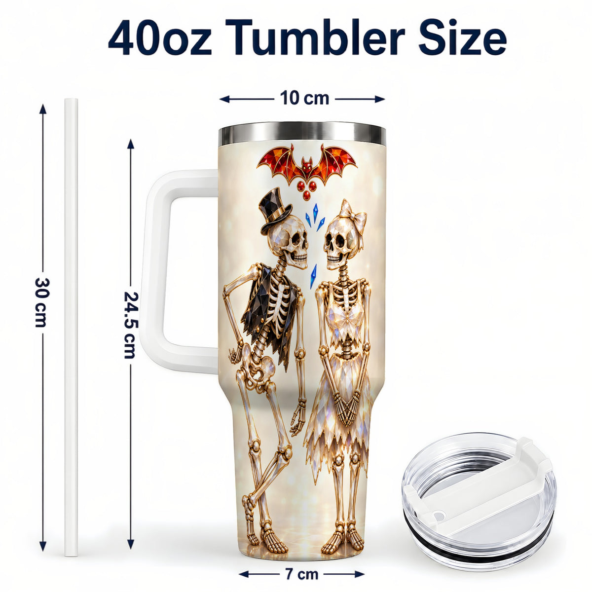 #pl[40oz|White] Glowing Skeleton Couple 40oz Tumbler with Handle, Gothic Steel Travel Cup